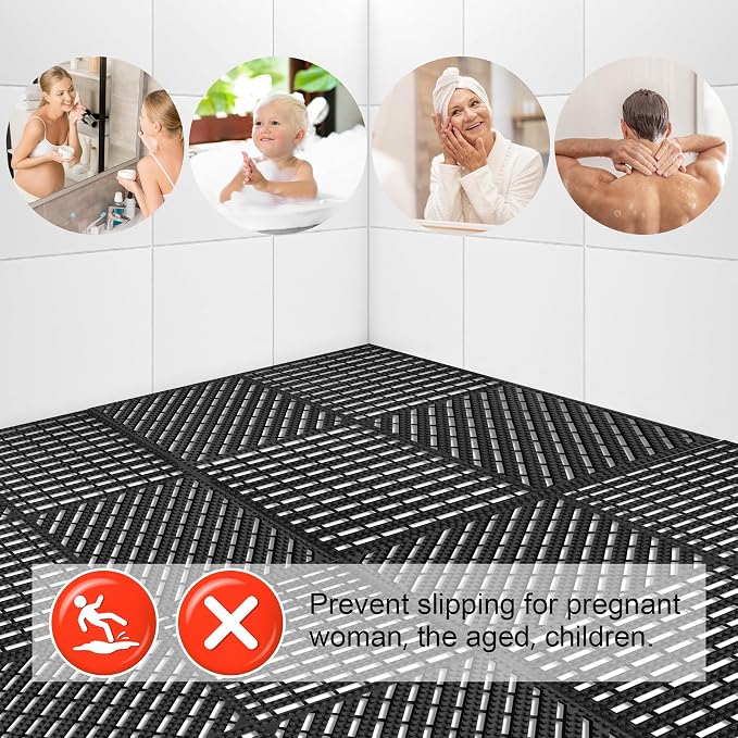 Modular Interlocking Cushion 12 Pack 11.8" x 11.8" Rubber Floor Tiles Non-Slip Splicing Drainage Mats for Deck, Pool, Shower, Patio, Balcony, Bathroom, Kitchen, Yard (2 Rows Dots, Black)