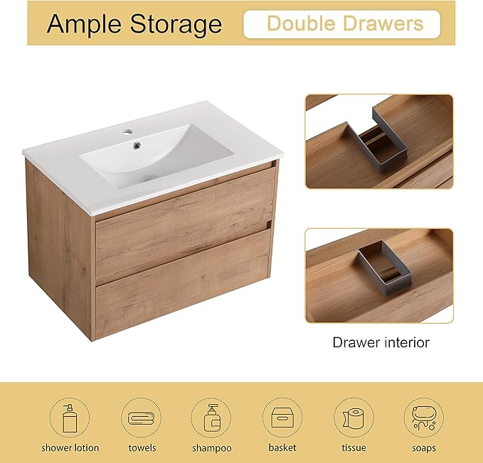 Malwee 30" Floating Bathroom Vanity with Sink, 30 Inch Single Sink Wall Mounted Bathroom Vanity Combo, with 2 Drawers and White Ceramic Basin Top, Bath Wall-Hung Cabinet Set with Storage MA05130IMO