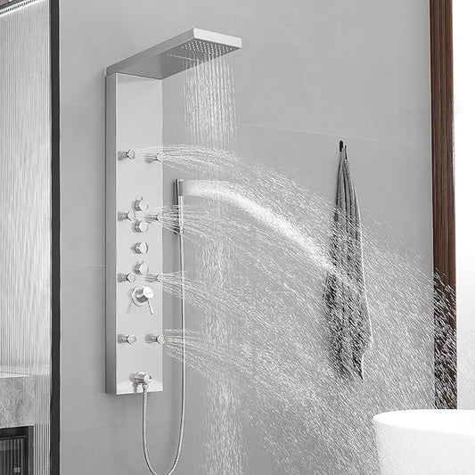 Shower Panel Tower System, 4 in 1 Stainless Steel Rainfall Shower Panels with 4-Functions, 8 Body Massage Jets, Handheld Head, Wall Mounted Brushed Nickel