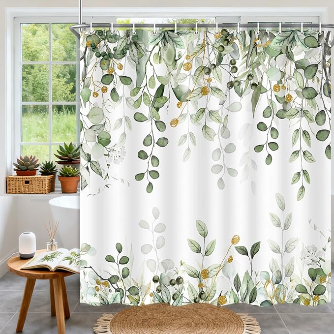 Long Eucalyptus Shower Curtain 72X78 Inch, Sage Green Watercolor Plants Leaves Floral Tall Bathroom Curtains, Botanical Foliage Waterproof Fabric Cloth Shower Curtain Set with Hooks