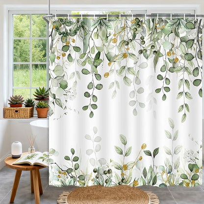 Long Eucalyptus Shower Curtain 72X78 Inch, Sage Green Watercolor Plants Leaves Floral Tall Bathroom Curtains, Botanical Foliage Waterproof Fabric Cloth Shower Curtain Set with Hooks