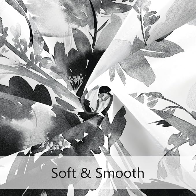 Extra Long Shower Curtain 72 x 84 Inch, Tall Black and White Floral Decor | Watercolor Floral Modern Abstract Flower Bathroom Fabric Shower Curtain Set with Hooks