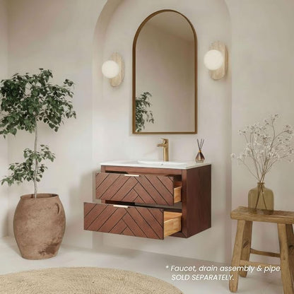 30 in. Wall Mounted Bathroom Vanity with Sink, Fully Assembled Floating Vanity with Double Drawers, Brown Walnut Finish