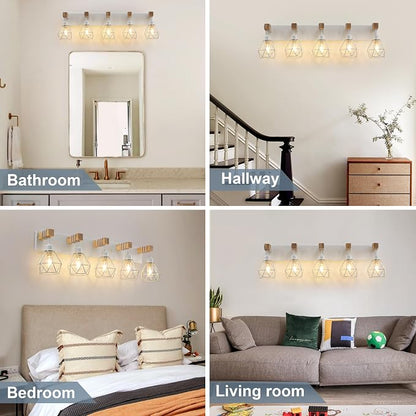 VbiTmn Bathroom Light Fixtures,5 Light White Farmhouse Wood Vanity Lights | Rustic Design, Diamond Metal Shades, Easy to Install, Wall Sconces for Bathroom, Bedroom, Makeup Area, Over Vanity Mirror