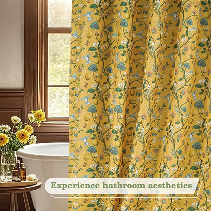 Yellow Floral Bird Shower Curtain 36x72, Hummingbird and Lemon Botanical Fabric Bath Curtains, Lightweight Quick-Dry Bathroom Decor Set with Hooks