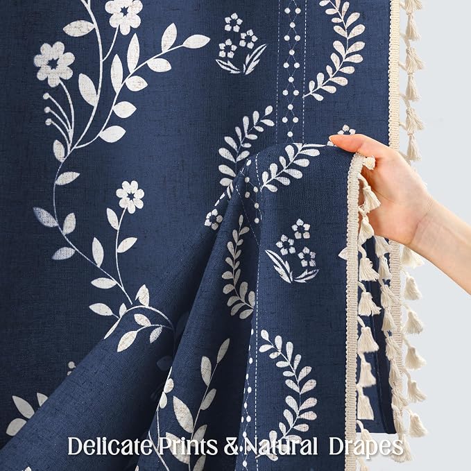 Vintage Boho Blue Shower Curtain, Floral Linen Patterned Shower Curtains for Bathroom with Tassels, 72 x 72