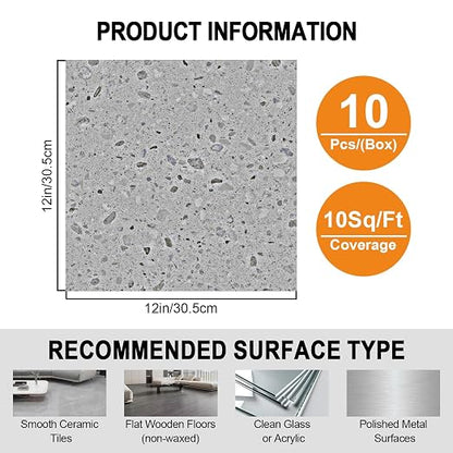 Peel and Stick Floor Tile 10-Pack 12 x 12 inch,Self-Adhesive Waterproof Vinyl Flooring Plank for Bathroom,Kitchen,Dining Room,Bedrooms,Cover 10 Sq. Ft,Modern Terrazzo