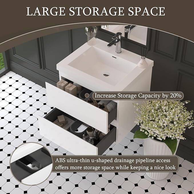 24 Inch Floating Bathroom Vanity with Sink, Large Storage Wall Mounted Floating Vanity with Soft Close Drawers, Pre Assembled Bathroom Sink Cabinet (Glossy White, 24")