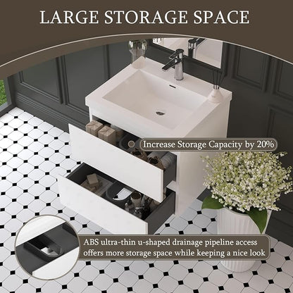24 Inch Floating Bathroom Vanity with Sink, Large Storage Wall Mounted Floating Vanity with Soft Close Drawers, Pre Assembled Bathroom Sink Cabinet (Glossy White, 24")