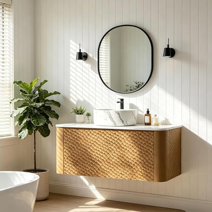 36 Inch Modern Bathroom Vanity with Ceramic Sink, Floating Bathroom Vanity Cabinet with Sintered Stone Top&Solid Wood Hammered Frame, Single Sink Bathroom Vanities w/Soft-Close Drawers,Natural
