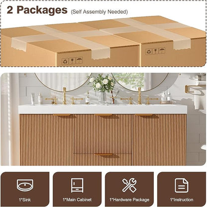 Merax 48" Bathroom Vanities Cabinet with Double Sinks Combo, Modern Floating Bathroom Vanity with Resin Countertop, Soft-Close System and Divided Drawers, Nature Wood