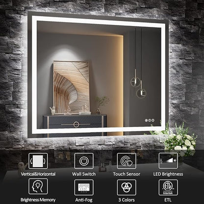 LED Bathroom Mirror 48"X40" with Front Light and Backlit | Stepless Dimmable, Anti-Fog, Shatter-Proof, HD Reflection, Memory, 3 Colors Lighting, UL Listed (Horizontal/Vertical).