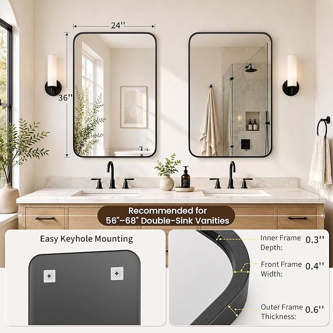 2-Pack 24x36 Inch Matte Black Rounded Rectangle Vanity Mirrors | Double Vanity or Two Bathrooms, Pair or Separate Use, Iron Frame, Layered Shadow Box Look, Two-Way Mount
