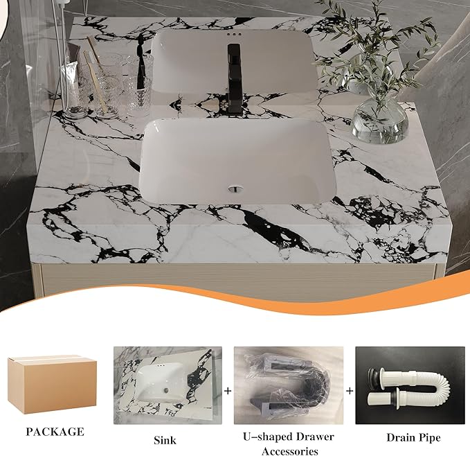 30" Bathroom Vanity with Sink Set, Modern Oak Wall Mounted Bathroom Vanity Cabinet with Sintered Stone Top&Gold Handle 2 Drawers&2 Open Storage, Single Sink Floating Bathroom Vanity