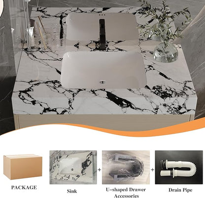 30" Bathroom Vanity with Sink Set, Modern Oak Wall Mounted Bathroom Vanity Cabinet with Sintered Stone Top&Gold Handle 2 Drawers&2 Open Storage, Single Sink Floating Bathroom Vanity