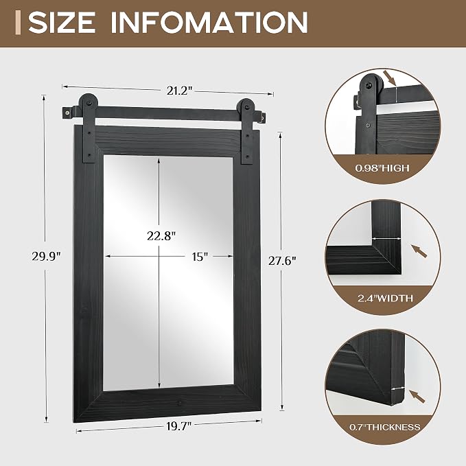 COGOOD Farmhouse Bathroom Mirrors for Over Sink - 30 x 22 Black | Rustic Barn Door Wood Framed Vanity Mirror for Entryway, Living Room, Bedroom, Dresser Wall Decor