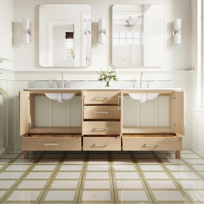 80-Inch Bathroom Vanity with Sink, 4 Soft-Close Doors and 6 Soft-Close Drawers, Bathroom Freestanding Vanity with Cultured Marble Countertop, Oak Vanity with Brushed Nickel Handles