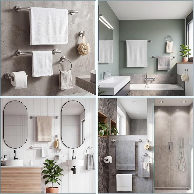 Gisafai 40 Pcs Brushed Nickel Bathroom Accessories Hardware Set Silver Towel Racks for Bathroom SUS304 Stainless Steel 23.6 Inch Brushed Towel Bar Ring Toilet Paper Holder Robe Hooks for Wall Mounted