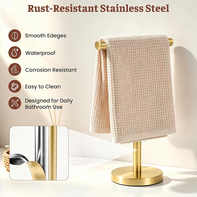 T-Shape Bath Hand Towel Holder Standing (Golden -2 Pack) | Weighted Stainless Steel Base Helps Prevent Tipping While The Open T-Shape Keeps Towels Dry on Bathroom Countertops