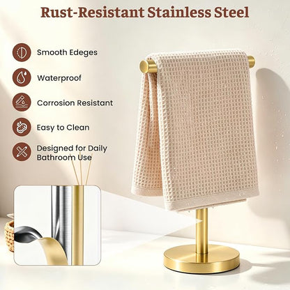 T-Shape Bath Hand Towel Holder Standing (Golden -2 Pack) | Weighted Stainless Steel Base Helps Prevent Tipping While The Open T-Shape Keeps Towels Dry on Bathroom Countertops