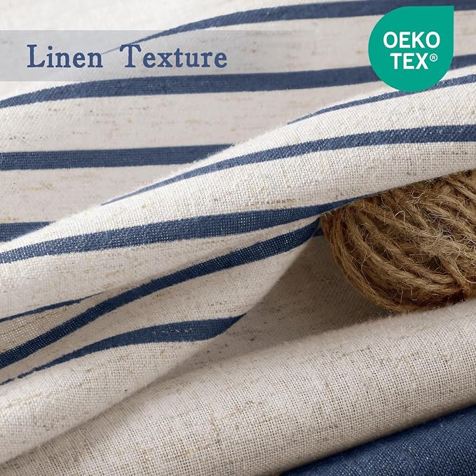 Navy Blue Coastal Ocean Linen Striped Shower Curtain with Tassel 72W X 78L | Long Boho Farmhouse Shower Curtains with Linen Texture for Bathroom Decor