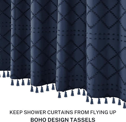Extra Long Boho Shower Curtain with Tassels 72 x 90, Navy Blue