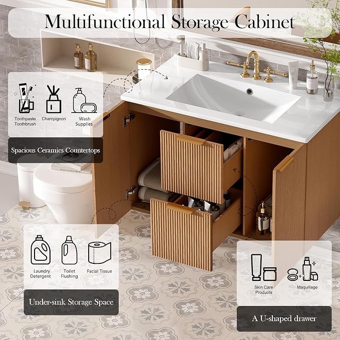 36" Wall Mounted Bathroom Vanity with Ceramic Sink, Modern Floating Bathroom Cabinet with Soft Close Doors & Divided Drawers, MDF Wood Vanity Set for Small Bathroom, Natural Oak