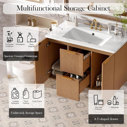 36" Wall Mounted Bathroom Vanity with Ceramic Sink, Modern Floating Bathroom Cabinet with Soft Close Doors & Divided Drawers, MDF Wood Vanity Set for Small Bathroom, Natural Oak