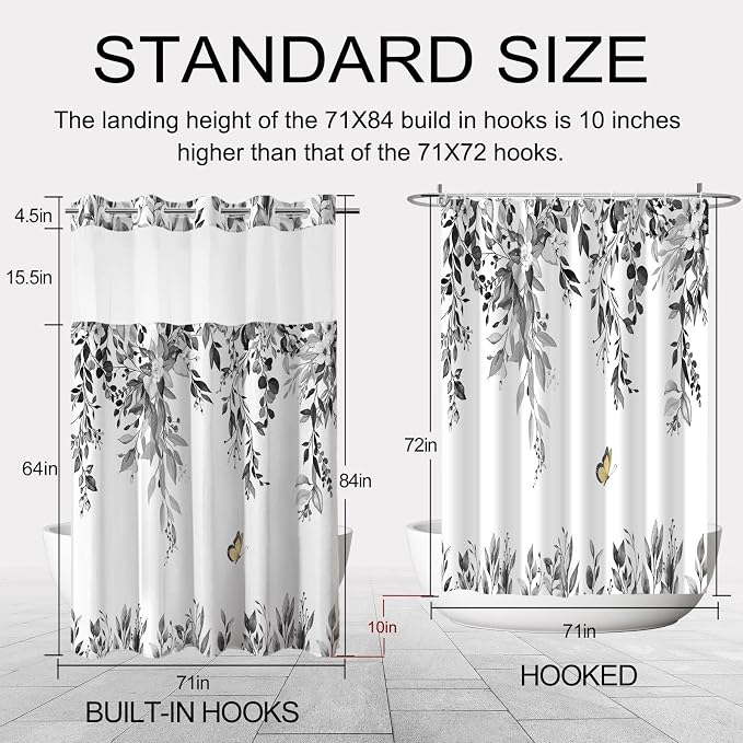 No Hook Shower Curtain and Liner Set, Grey Eucalyptus 71x84 | Floral Design, with Snap in Liner, Waterproof, Machine Washable, Quick-Drying, for Hotel Bathroom