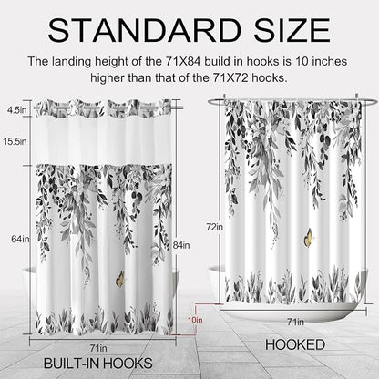 No Hook Shower Curtain and Liner Set, Grey Eucalyptus 71x84 | Floral Design, with Snap in Liner, Waterproof, Machine Washable, Quick-Drying, for Hotel Bathroom