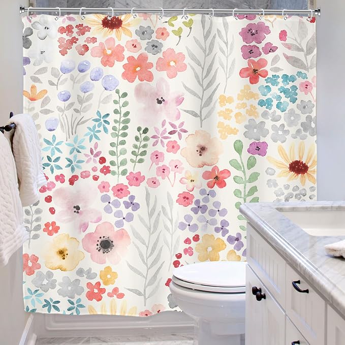 Colorful Cute Floral Watercolor Flower Plants Bathroom Shower Curtain Set | 60"W x 72"H Botanical Kids; waterproof HD print, quick-dry fabric with 12 hooks for easy hanging.