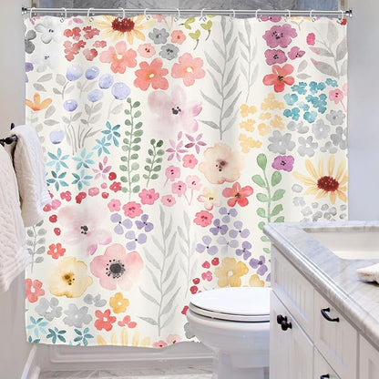 Floral Flower Cute Colorful Extra Long Plants Bathroom Shower Curtain Set | 72"W x 78"H Botanical Pink; waterproof HD print, quick-dry fabric with 12 hooks for easy hanging.