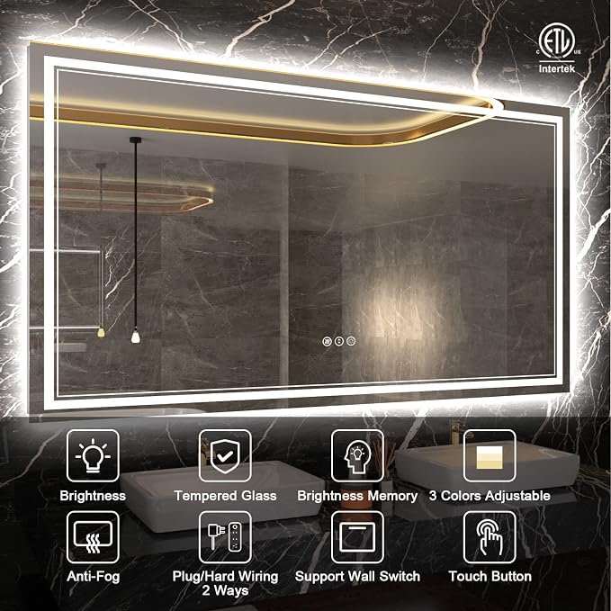 60x36 Inch LED Bathroom Mirror with Lights | Front and Backlit, 3 Colors, Dimmable, Memory, Anti Fog, Shatterproof, Horizontal/Vertical, Lighted Mirrors for Bathroom Wall