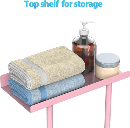 Towel Rack for Bathroom, Wall Mounted Vertical Rolled Towel Storage Organizer Holder with Shelf, Holds Up 6 Large Bath Sheets, Pink Large Size