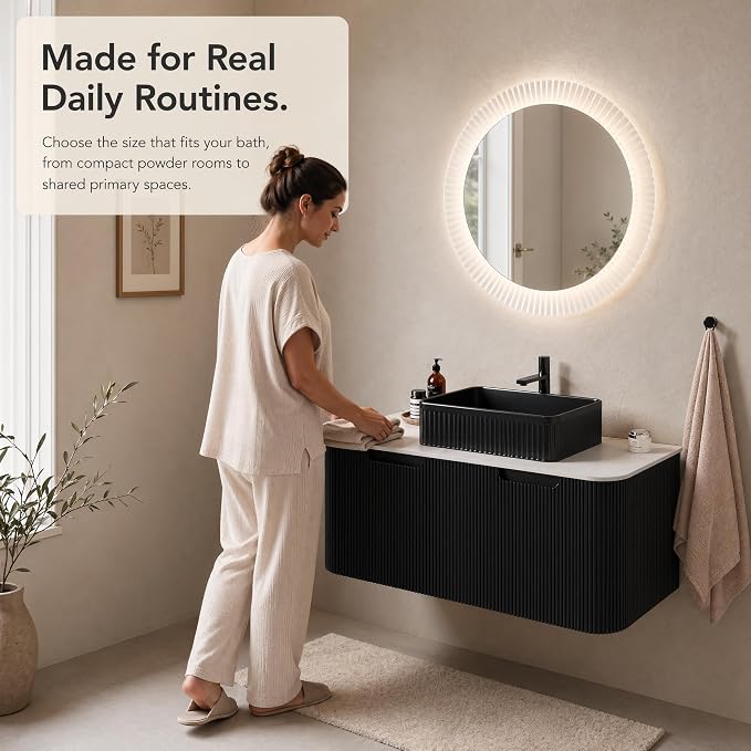 48 Inch Bathroom Vanity with Sink, Floating Wall Mounted Single Sink Vanity, Black Curved Fluted Front, Stone Top, Black Textured Rectangular Vessel Basin, Pre-Assembled