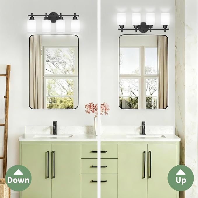 4 Light Bathroom Vanity Light Fixture, 23'' Black Vanity Light over Mirror | Modern Wall Sconce with White Glass Shades, Anti-Rust Vanity Light Fixture over Mirror, 23 Inch (Bulbs Not Included, E26)