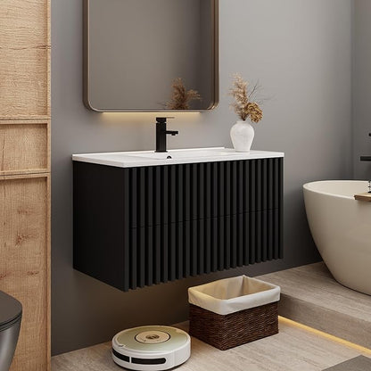 eclife 36" Floating Bathroom Vanity with Sink Combo, Modern Wall Mounted Cabinet with 2 Fluted Drawers, Undermount Sink, Faucet, Drain, Black