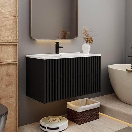 eclife 36" Floating Bathroom Vanity with Sink Combo, Modern Wall Mounted Cabinet with 2 Fluted Drawers, Undermount Sink, Faucet, Drain, Black