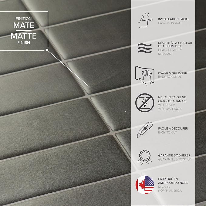 Smart Tiles Peel and Stick backsplash, Stacked Smoke Gray, 11.43"x9" | Pack of 5 (3.5 sq ft), Matte, Heat/Moisture Resistant, Low VOC, Kitchen/Bathroom, Renter Friendly, Made in Canada