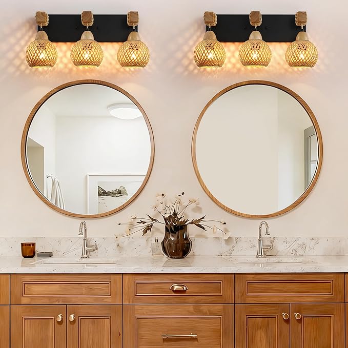 Farmhouse Bathroom Light Fixture, 3-Light Boho Vanity Light, Bamboo Bathroom Light Fixture Over Mirror Rustic Vanity Lighting with Handmade Bamboo Shades, Suit for Restroom, Bedroom, Hallway