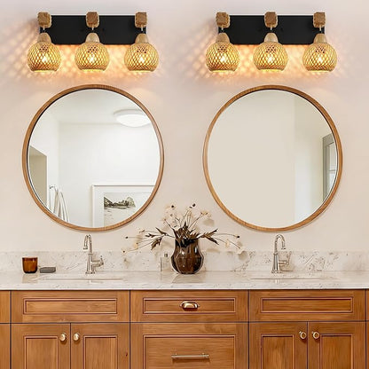 Farmhouse Bathroom Light Fixture, 3-Light Boho Vanity Light, Bamboo Bathroom Light Fixture Over Mirror Rustic Vanity Lighting with Handmade Bamboo Shades, Suit for Restroom, Bedroom, Hallway