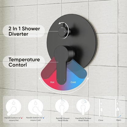 Gabrylly Black Shower System, Pressure Balance Shower Faucet Set, 12" Stainless Steel Rain Shower head with 5-Mode Handheld Shower Spray Combo,High Pressure Rainfall Shower Head Set, Matte Black