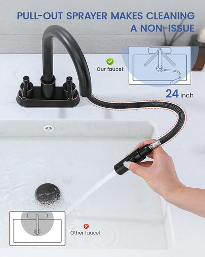 Bathroom Faucet with Pull Out Sprayer,Pull Down Bathroom Faucet 3 Holes,ORB | 4 Inch Centerset Vanity Faucet, Lead-Free,2 Handle Faucet with Pop Up Drain, Stainless Steel 3 Hole Faucet for RV Laundry