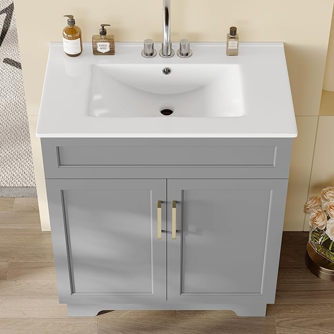 OLD CAPTAIN Bathroom Vanity with Ceramic Sink, 30" Freestanding Bathroom Quick Assembly Vanity Cabinet with Storage, Grey