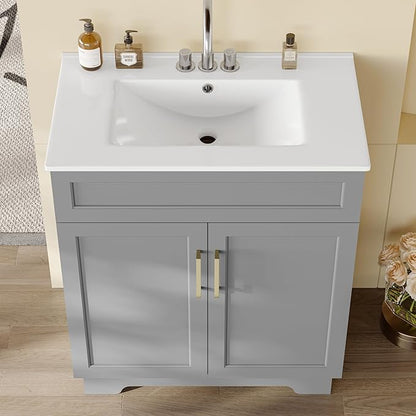 OLD CAPTAIN Bathroom Vanity with Ceramic Sink, 30" Freestanding Bathroom Quick Assembly Vanity Cabinet with Storage, Grey