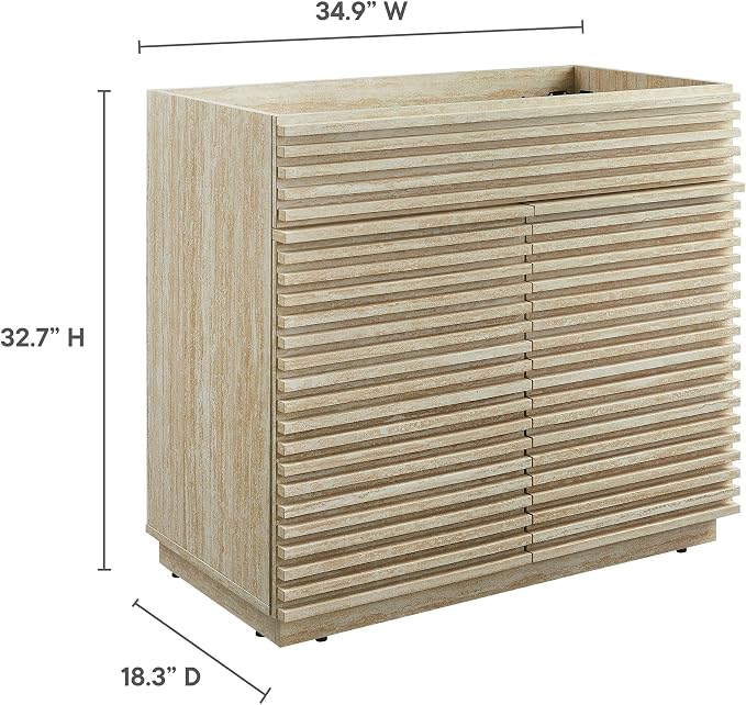 Modway Render Faux Travertine Slatted Bathroom Cabinet in Travertine - 36 Inch Single Bathroom Vanity with No Sink - Modern Freestanding Vanity Storage Cabinet - Mid-Century Bathroom Furniture