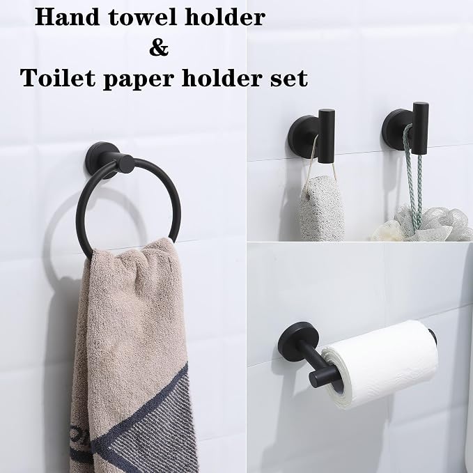 4 Piece Matte Black Stainless Steel Bathroom Hardware Set Include Hand Towel Ring, Toilet Paper Holder,and 2 Robe Towel Hooks,Bathroom Accessories Kit