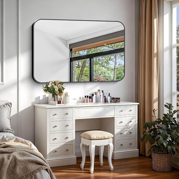 Black Bathroom Mirror, 28x42 inch Aluminum Metal Frame Rectangular Vanity Mirror, Wall Mounted Rectangle Mirrors with Rounded Corner for Bedroom Living Room Hangs Horizontal Or Vertical