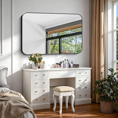 Black Bathroom Mirror, 28x42 inch Aluminum Metal Frame Rectangular Vanity Mirror, Wall Mounted Rectangle Mirrors with Rounded Corner for Bedroom Living Room Hangs Horizontal Or Vertical