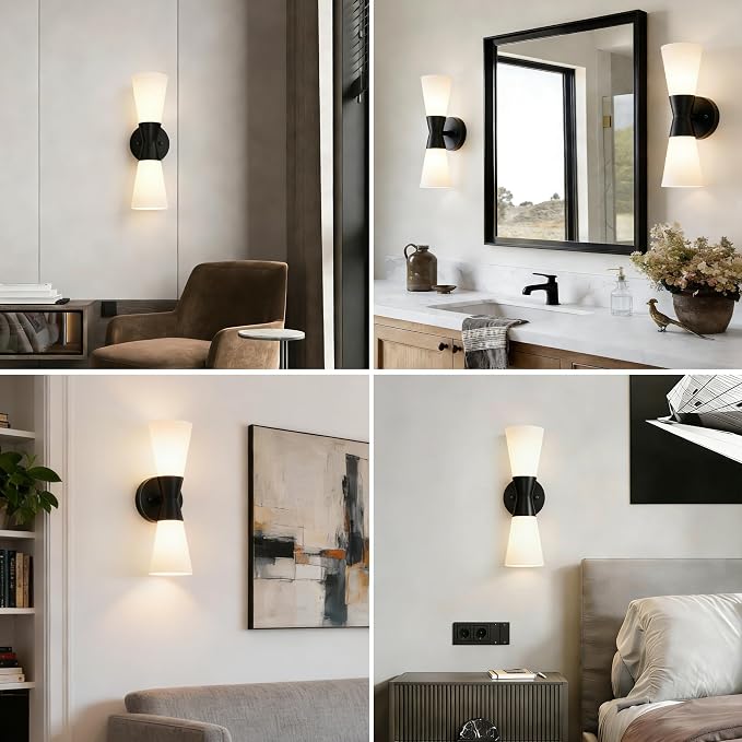 Bathroom Wall Sconce, Modern Indoor Vanity Light Fixtures 15",Up Down Lighting, Wall Mount Lamp for Living Room Bedroom Hallway Stairway Fireplace Mirror E26 Base 1PC White&Black